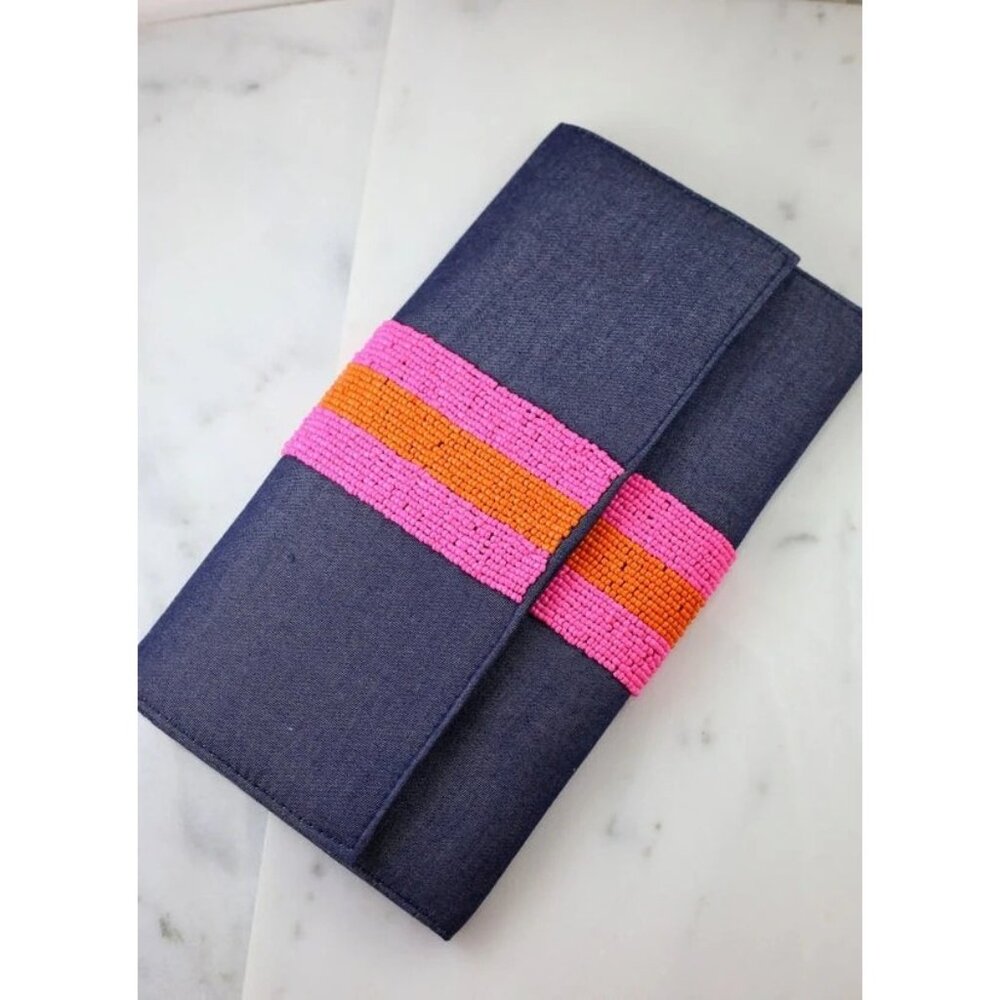 NEW Sead Beaded Stripe Denim Crossbody Clutch Purse Pink Orange